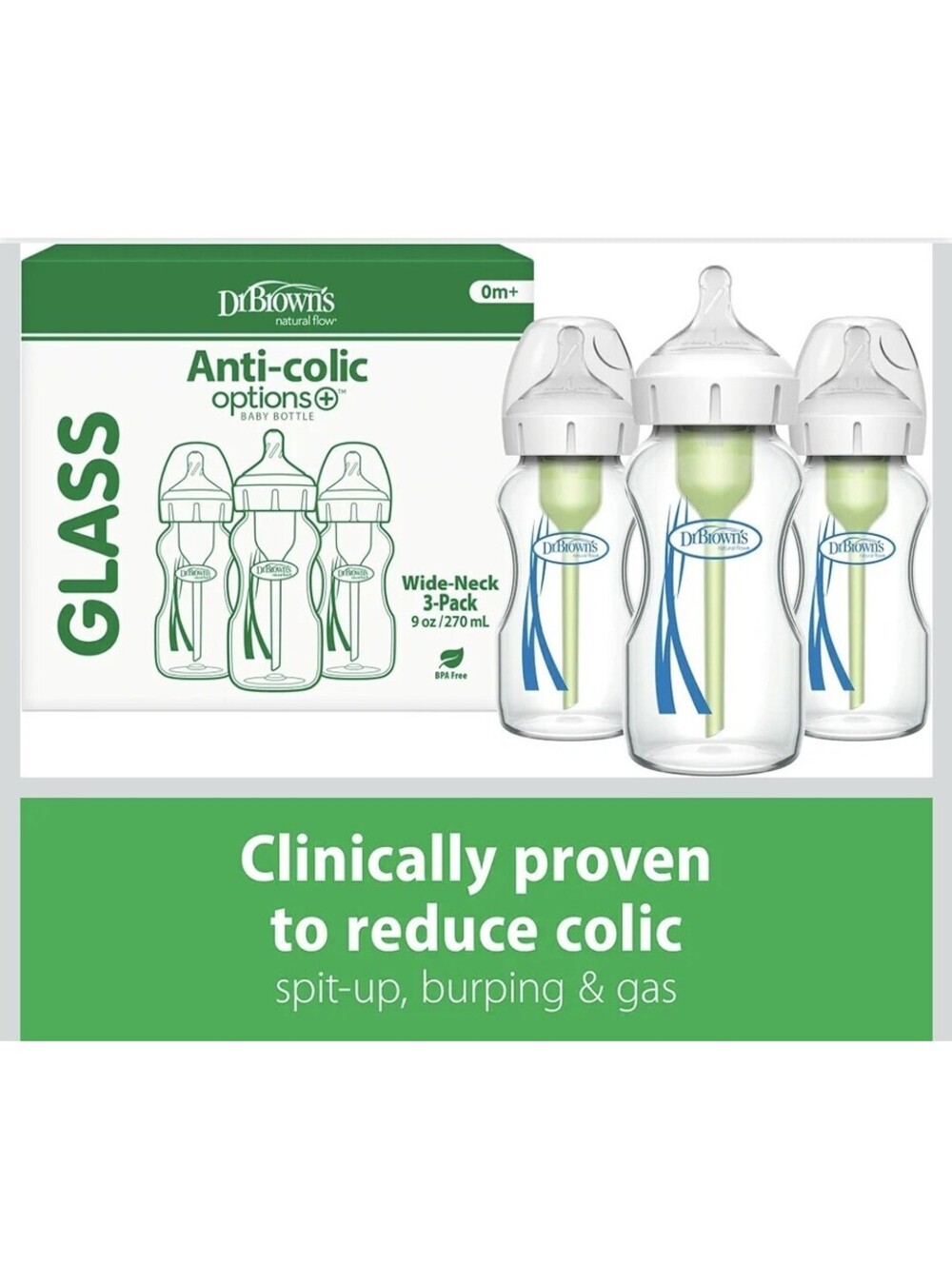 New Dr. Brown's Natural Flow Wide Neck Glass Baby Bottles 9 oz 270 ml 3 Pack